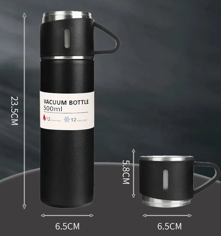 Termoflaske 500ml med 3 termokopper - Holder temperaturen i 12 timer