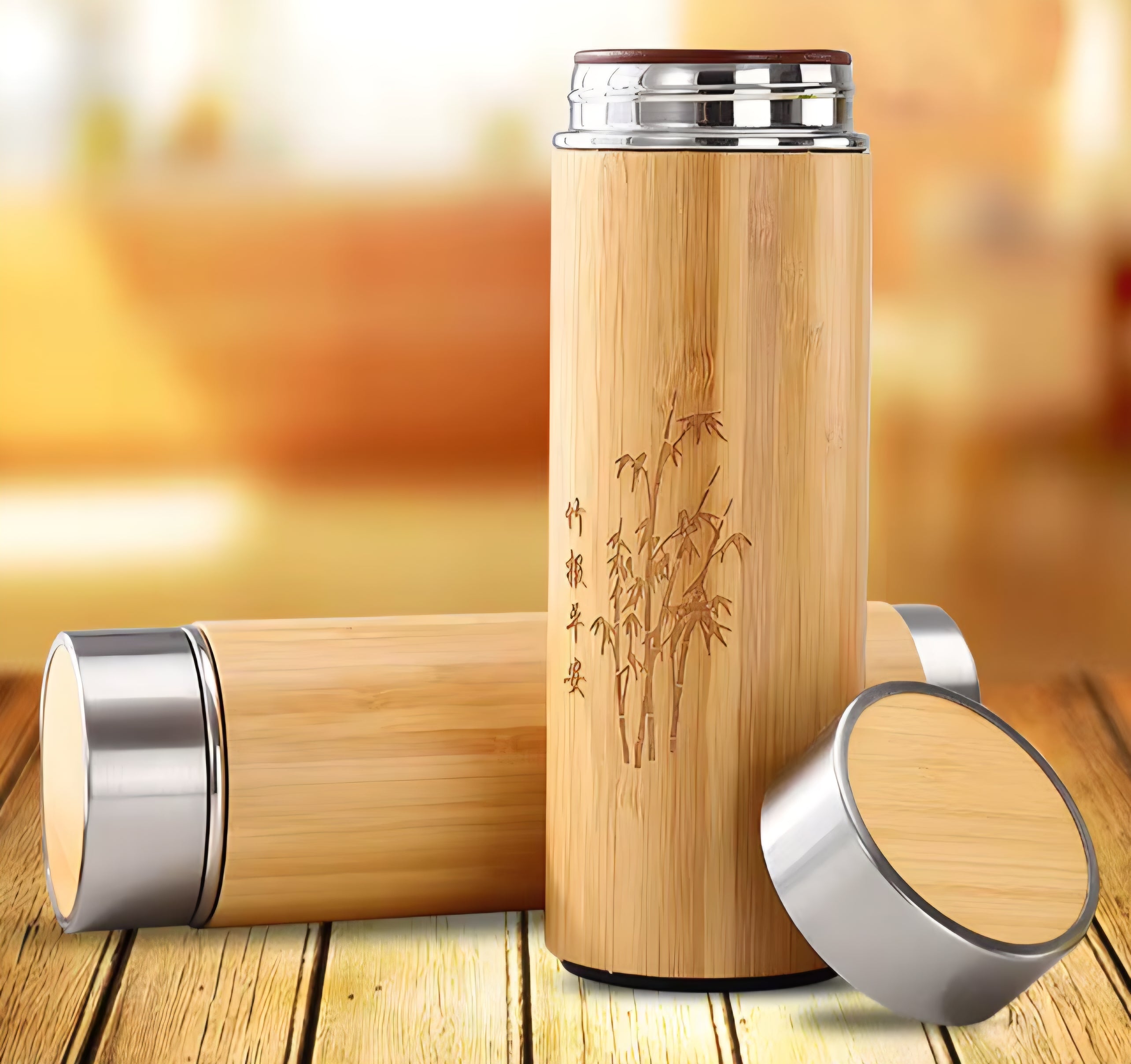 Lækker 100% natur bambus & rustfri stål termoflaske med filterindsats